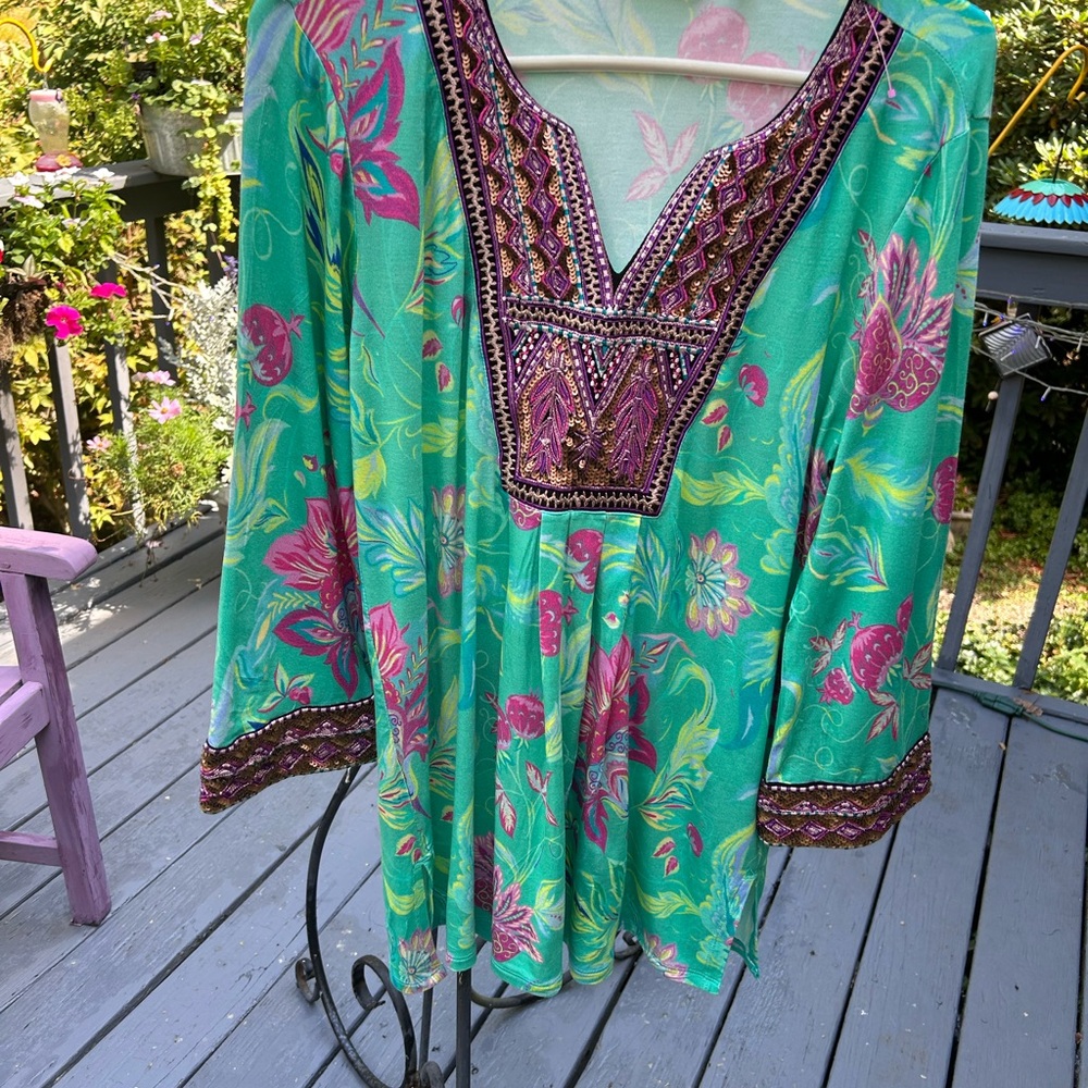 Soft Surroundings Teal and Magenta Floral Tunic  medium